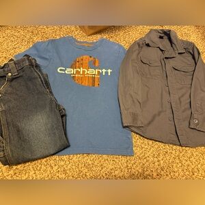 Carhartt Kids Blue Graphic Tee, button up and jeans. Size 5/5T